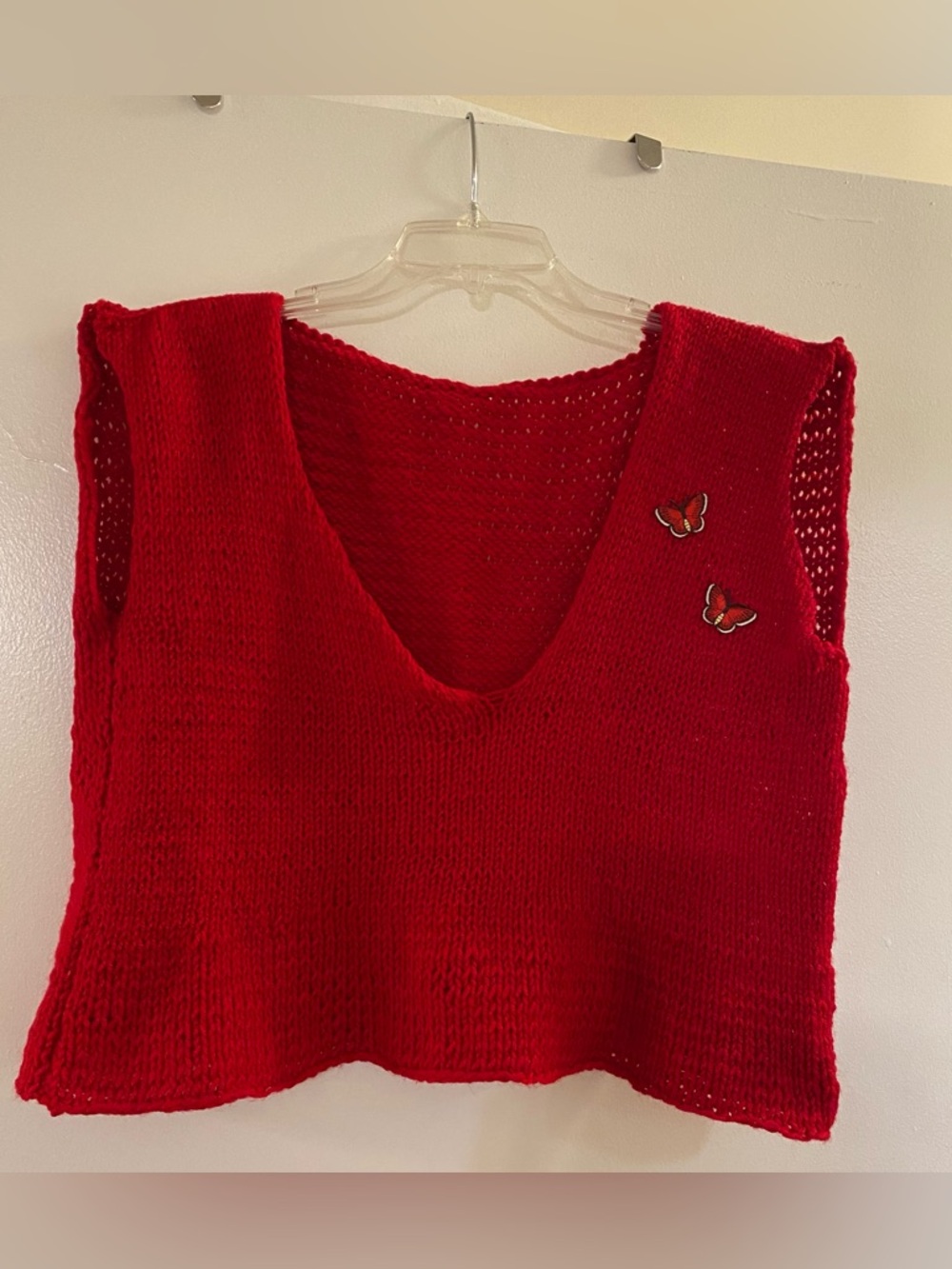 Hand-knit Red Butterfly Vest